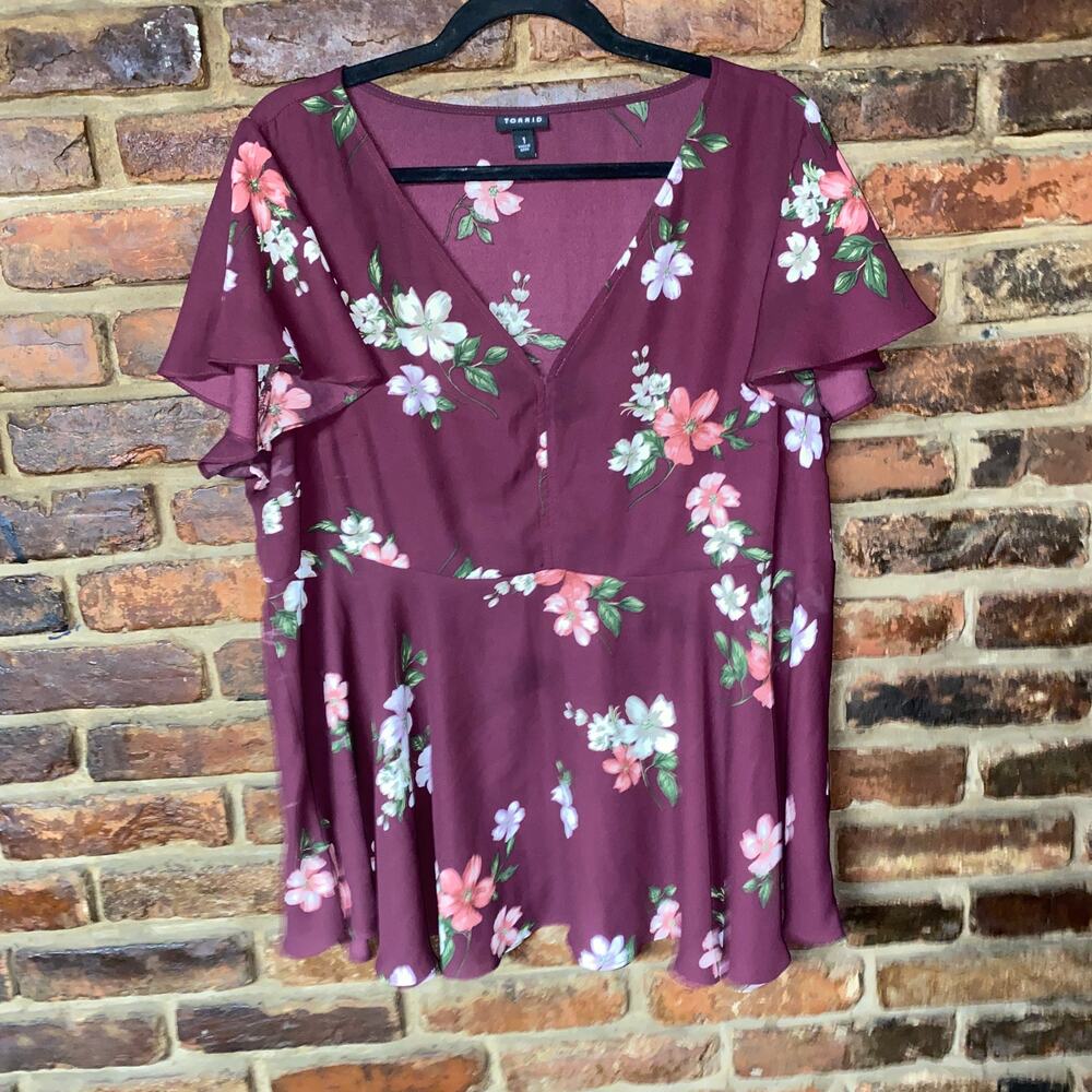 Torrid Burgundy Floral Printed Short Sleeve Babydoll Top Blouse Women's Size 1X